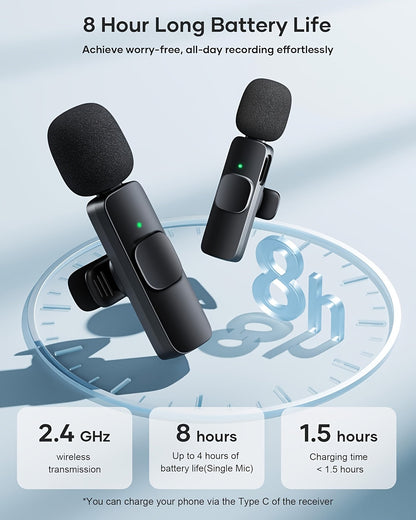 Wireless Lavalier Microphone 2-Pack Set with Receiver & Adapter – Clip-On Lapel Mic for iPhone, Type-C & Android, Noise Cancelling for Vlogging, Interviews, Teaching & Video Recording