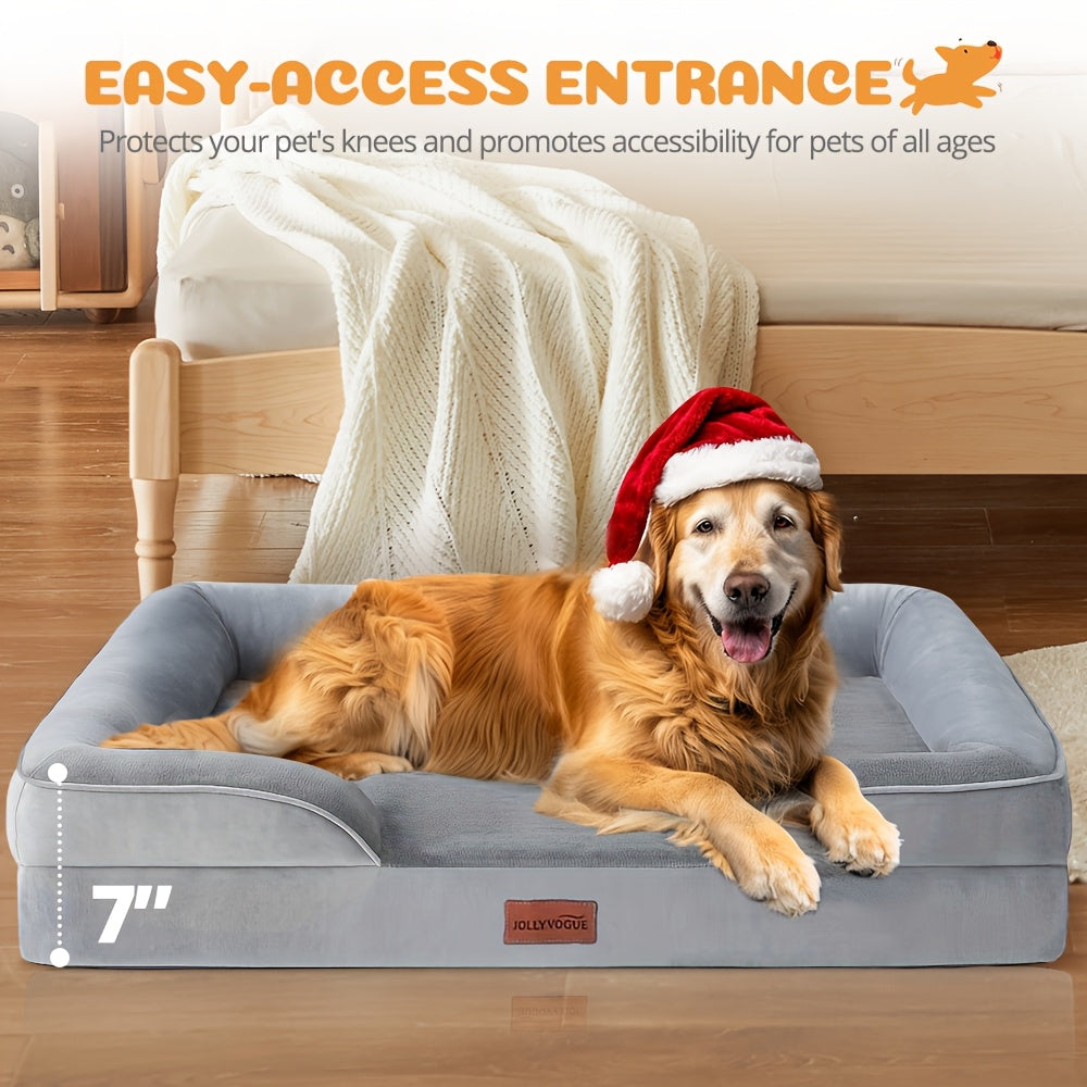 Extra Large Dog Sofa Bed 100% Supportive Foam 4-Sided Bolster Removable Washable Cover Non-Skid Bottom Joint Support Soft Warm Pet Couch Bed Grey M L XL XXL All Breeds