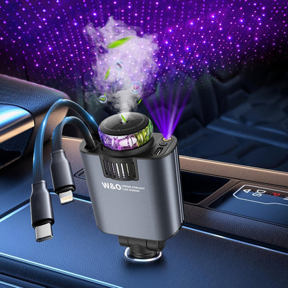 3-in-1 Car Charger Air Freshener & Starry Sky Ceiling Light – Dual Retractable Type-C & Lightning Cable 80cm, Aromatherapy Diffuser for iPhone 16/15 Samsung S25/S24, Car Interior Upgrade Gift