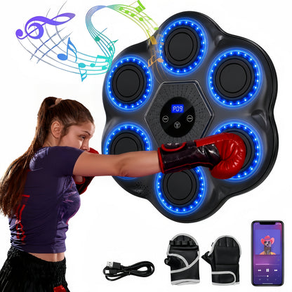 Wall Mounted Music Boxing Machine with LED Lights & Wireless Bluetooth – 9 Speed Levels, 9 Modes, Intelligent Hit Counter, Adjustable Height, No-Drill Install, Home Gym Punching Trainer with Free Boxing Gloves