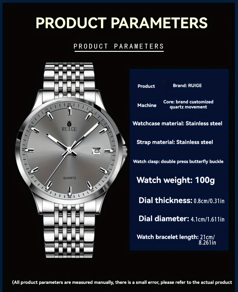 RUIGE Men's Luxury Quartz Watch Stainless Steel with Calendar Night Light Rhinestone Accents - Sports Business Dress Watch for Men Gift for Him