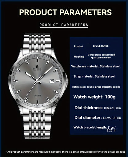 RUIGE Men's Luxury Quartz Watch Stainless Steel with Calendar Night Light Rhinestone Accents - Sports Business Dress Watch for Men Gift for Him