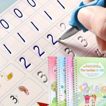 Magic Reusable Calligraphy Handwriting Exercise Books 4-Pack with Pen and 8 Refills Kids Writing Practice Tracing Books Reusable Water Writing Set Christmas Gift for Children