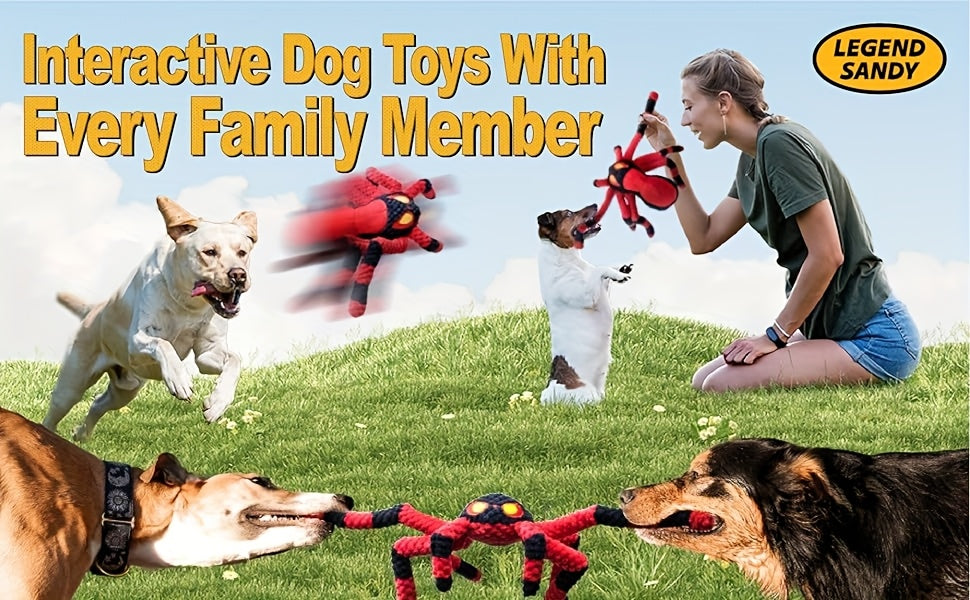 Squeaky Spider Dog Toy for Large Dogs – Interactive Crinkle Tug of War Plush Puppy Toy with Squeaker Head & Crinkle Legs, Keeps Dogs Busy for Hours, No Battery Needed, Blue & Red Spider