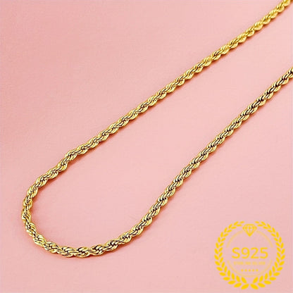 24K Gold-Plated Twisted Rope Chain Necklace in 925 Sterling Silver for Women – Boho Elegant Layering Necklace, 20"/22"/24", Holiday & Birthday Gift