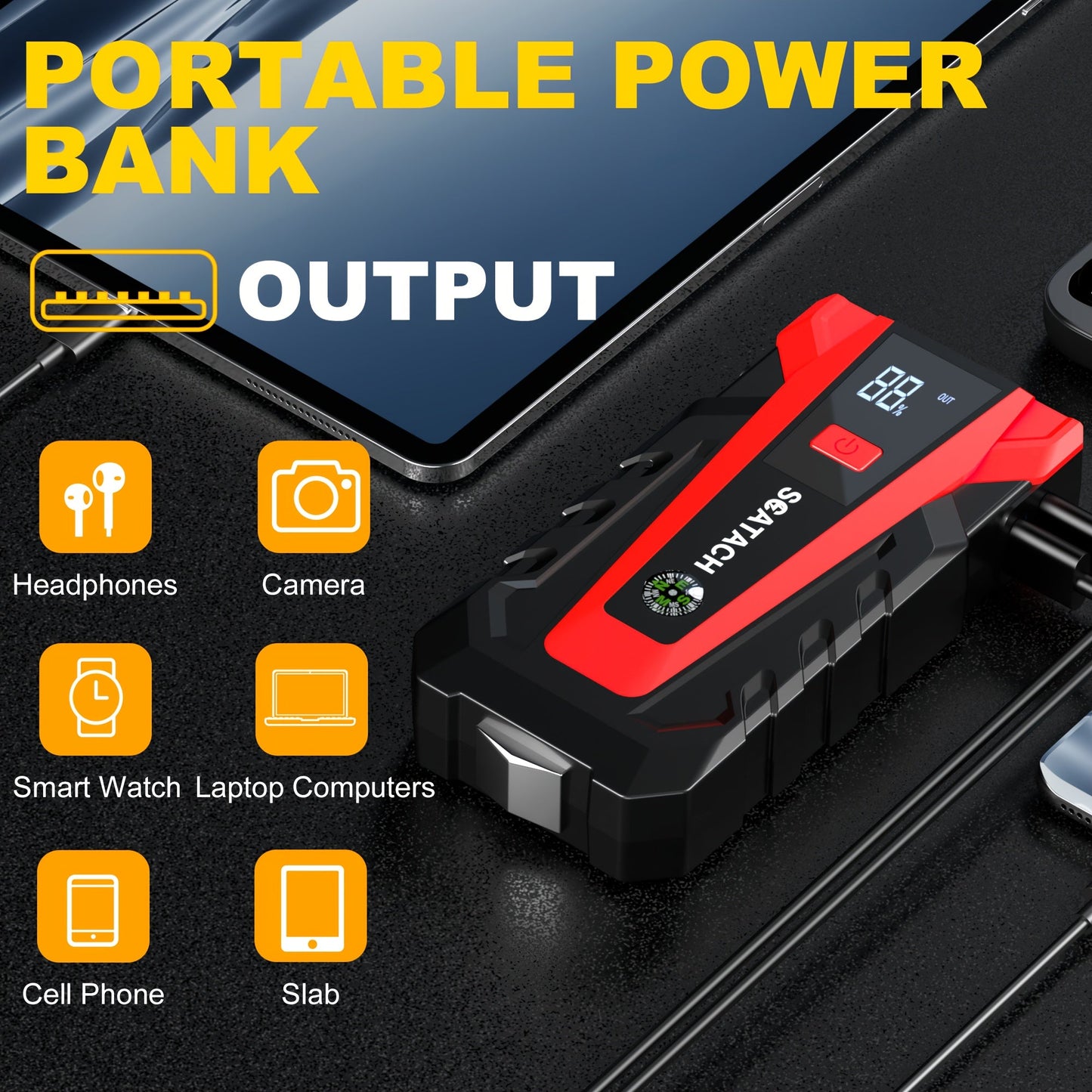 Car Jump Starter with Air Pump & Digital Tire Pressure Gauge – 12V Portable Emergency Starter for Cars, Trucks, SUV, RV & Motorcycles, LED Display, SOS Light & Window Breaker