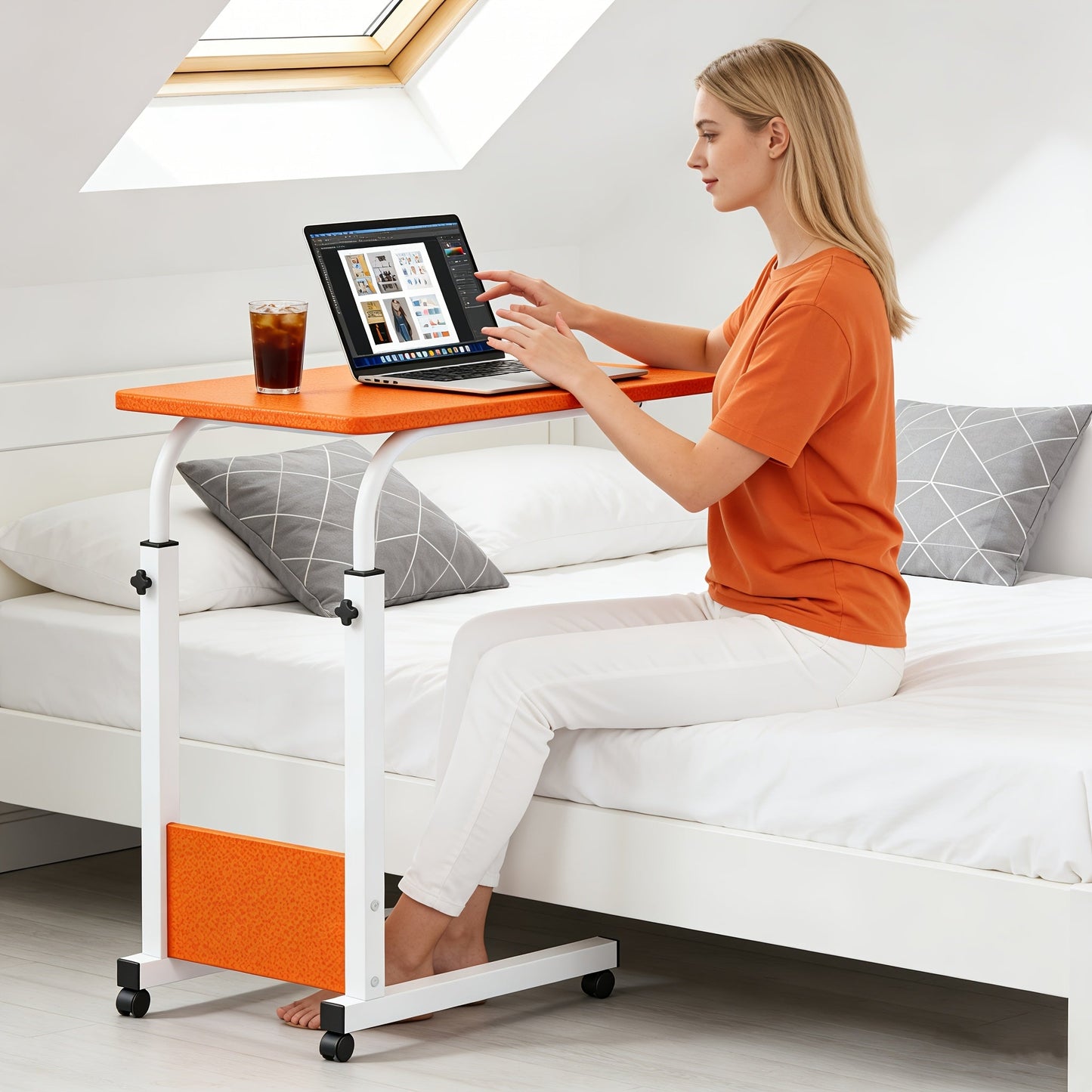 Height Adjustable Rolling Laptop Table with 4 Wheels & Dual Shelves – Mobile Workstation Desk for Bedside Dorm Office Living Room, Sturdy Steel Frame Space-Saving Design
