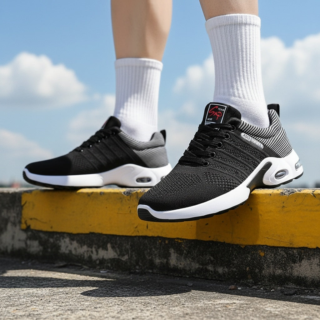 Men's Air Cushion Athletic Sneakers – Breathable Lace-Up Casual Sports Shoes with Slip-Resistant Sole, Black & White or Black Blue, Sizes US 6.5–11.5, Sporty Urban Style