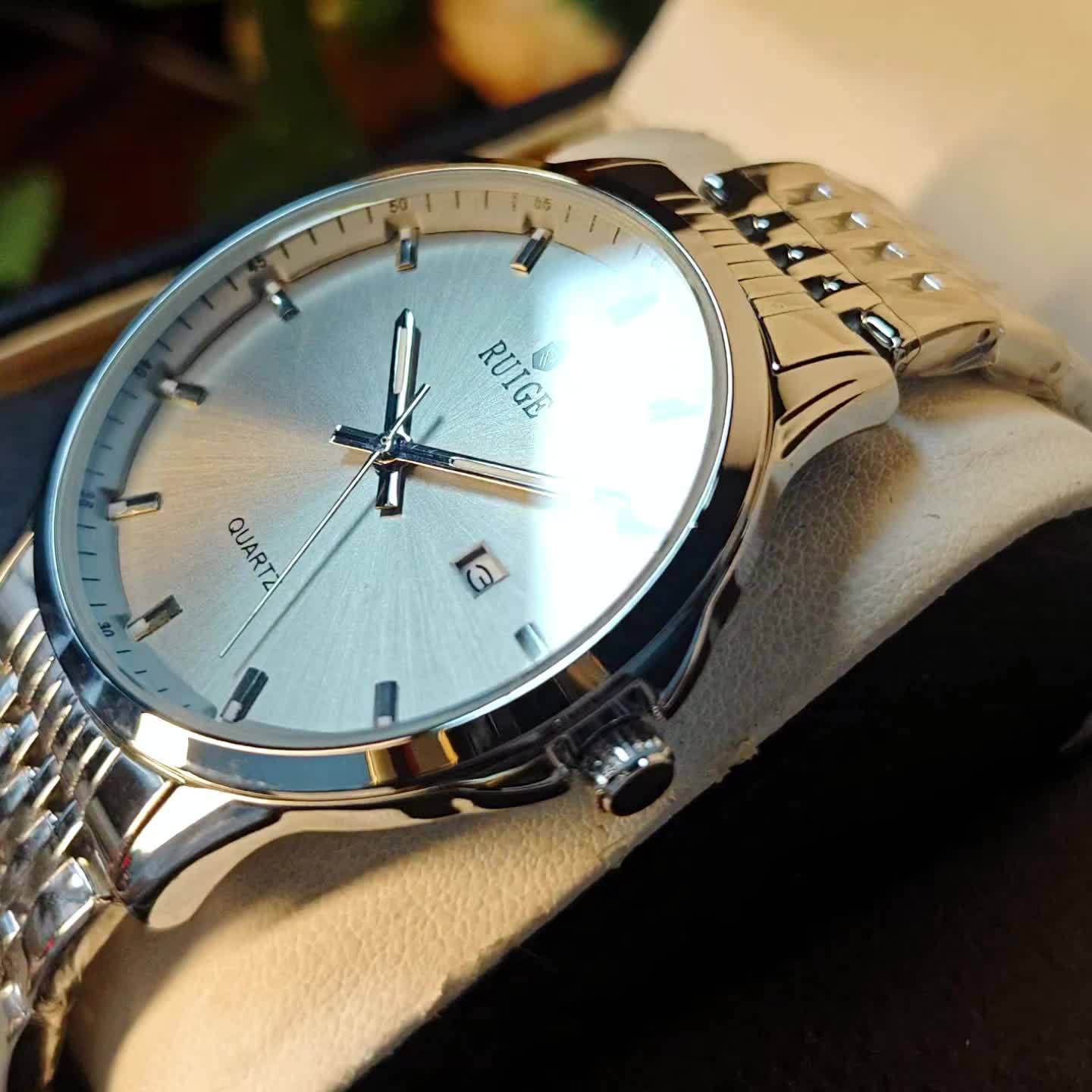 RUIGE Men's Luxury Quartz Watch Stainless Steel with Calendar Night Light Rhinestone Accents - Sports Business Dress Watch for Men Gift for Him