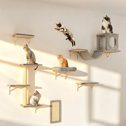 7-Piece Wall Mounted Cat Climbing Shelf Set – Deluxe Indoor Cat Furniture with Cat Condo, Wall Shelves, Scratching Post, Bridge Ladder & Tunnel, Space-Saving Cat Wall Playground for All Cat Sizes