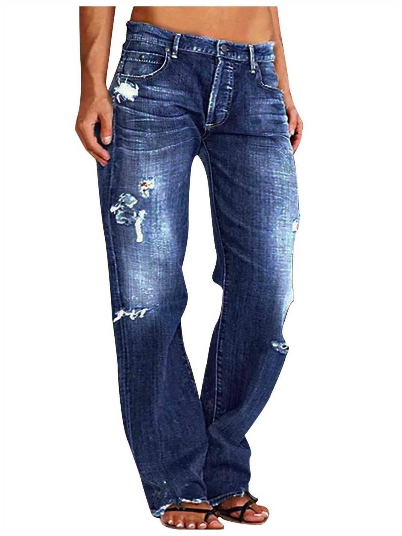 Women's Ripped Flare Wide Leg Jeans – Distressed Stretch Denim, Fashion Streetwear Casual Pants, Light Blue & Dark Blue, Sizes XS-XXL