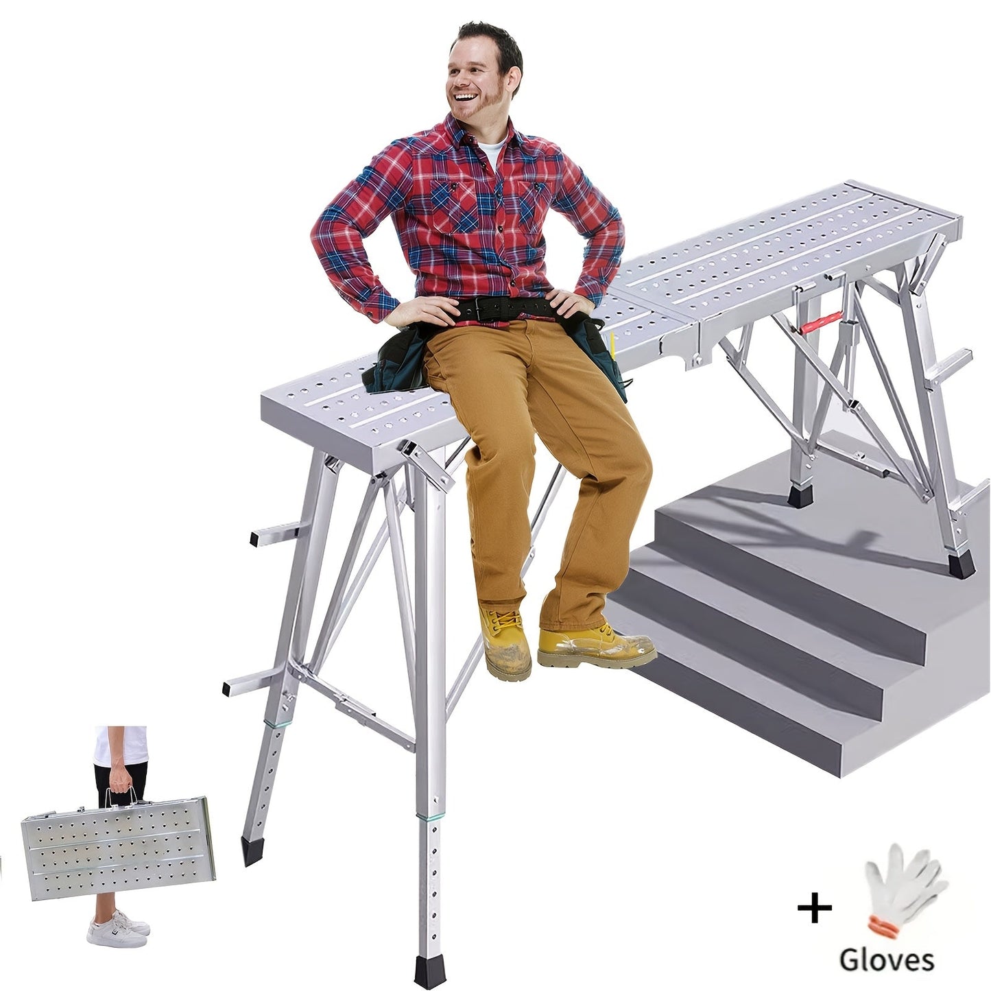 Scaffolding Work Platform 800Lb Heavy Duty Adjustable Height 31.5–49" – Folding Portable Step Ladder with Anti-Slip Feet & Safety Lock for Painting, Drywall, RV Cleaning, Car Washing & Home Decorating