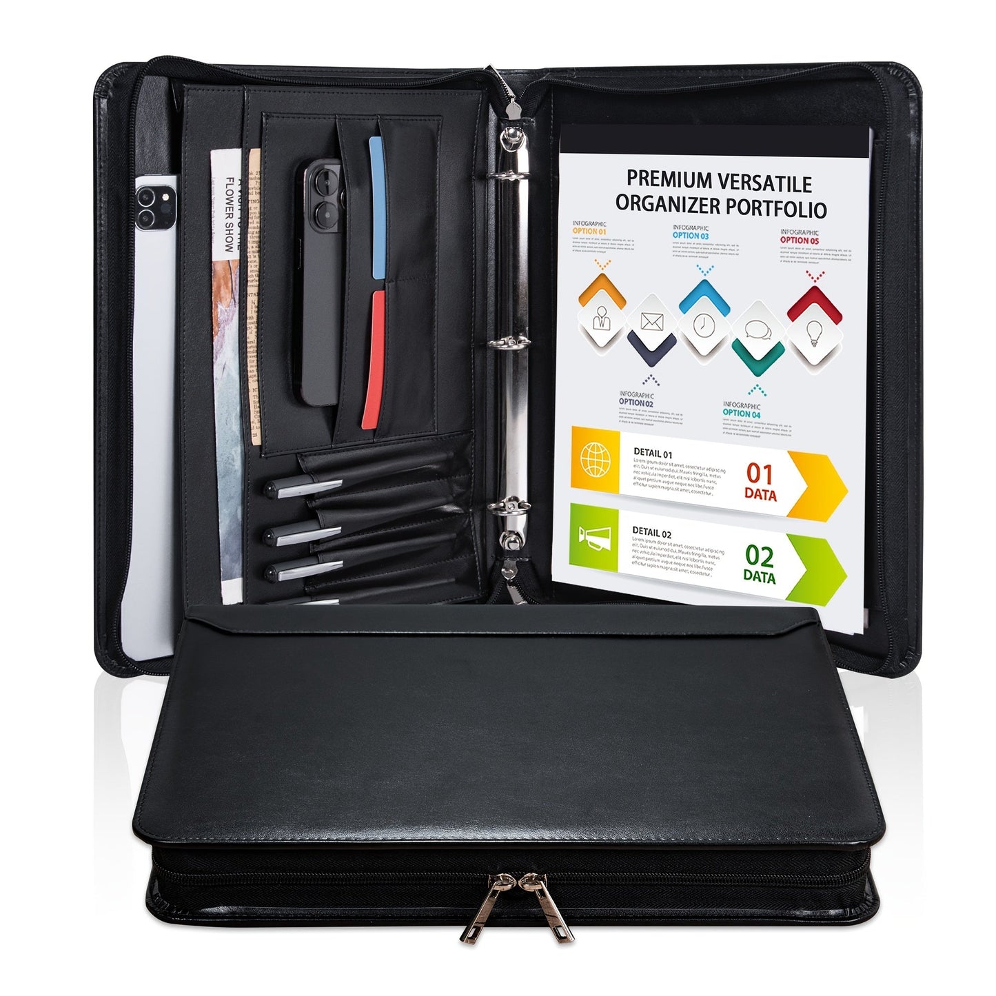 Vegan Leather Portfolio Binder 3-Ring Zipper A4 Legal Laptop Pocket Work Organizer for Women Men