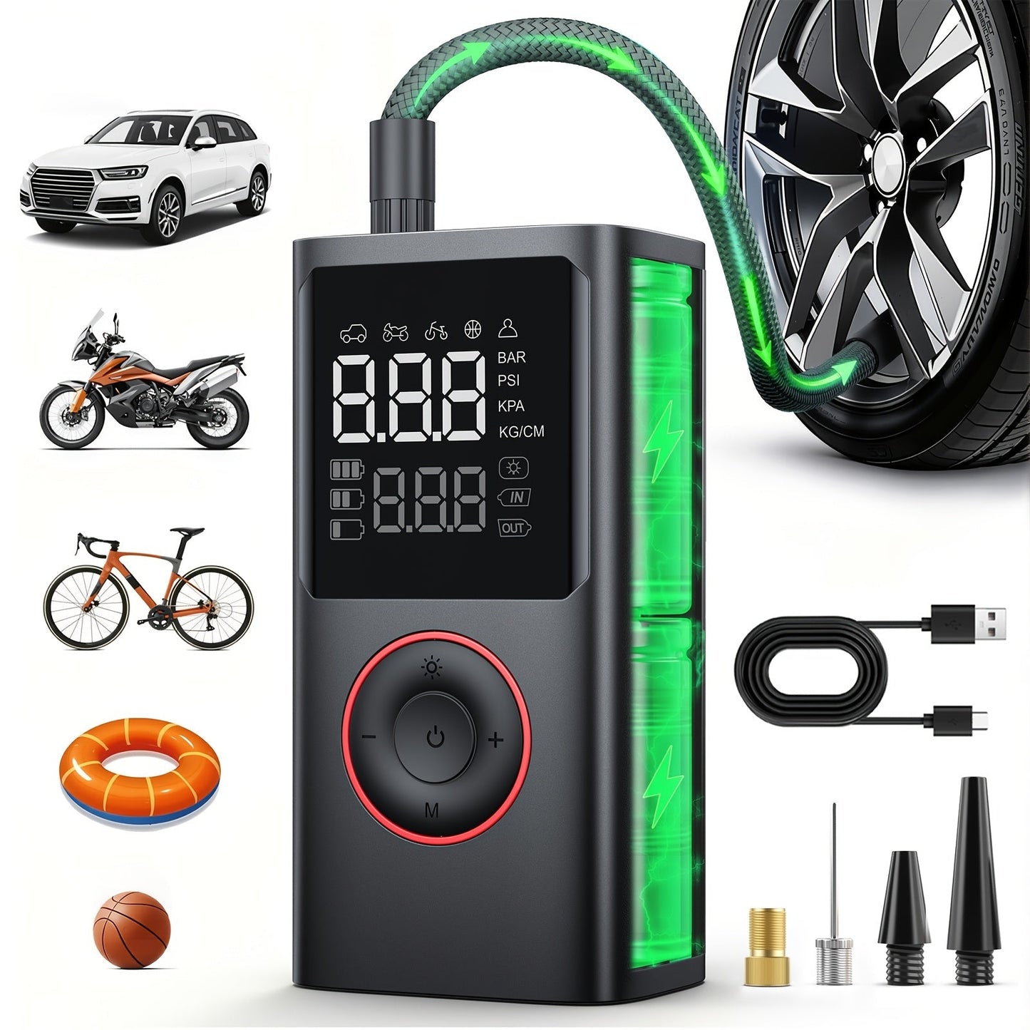 Cordless Tire Inflator 150PSI | 3X Fast Inflation, 3500mAh USB Rechargeable, Digital Gauge, LED Light & Auto Shut-Off – Portable Air Compressor for Cars, SUVs, Bikes, Motorcycles & Sports Balls