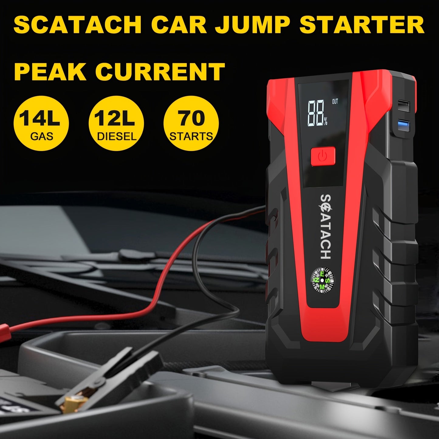 Car Jump Starter with Air Pump & Digital Tire Pressure Gauge – 12V Portable Emergency Starter for Cars, Trucks, SUV, RV & Motorcycles, LED Display, SOS Light & Window Breaker