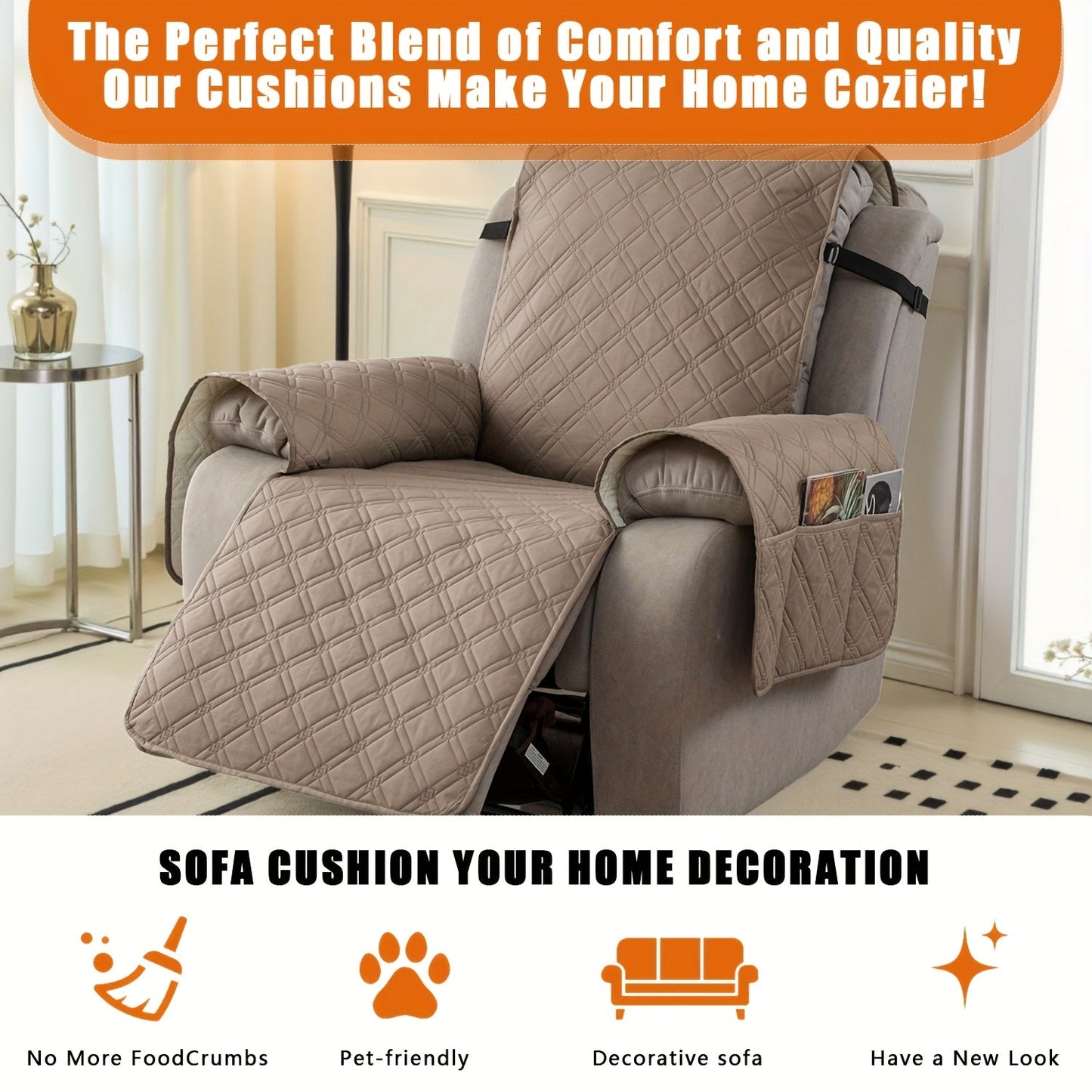 Waterproof Recliner Cover Slipcover with Side Pockets Anti-Slip Straps 4-Layer Quilted Fabric Pet Kid Proof Machine Washable Recliner Chair Protector – 11 Colors