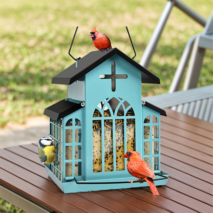 Vintage Metal Wild Bird Feeder for Outside – Triple Feeders for Finch, Cardinal & Chickadee, Large Capacity Metal Mesh Design with Easy-Hang Chains & Window Cut-Outs, 7 Style Options