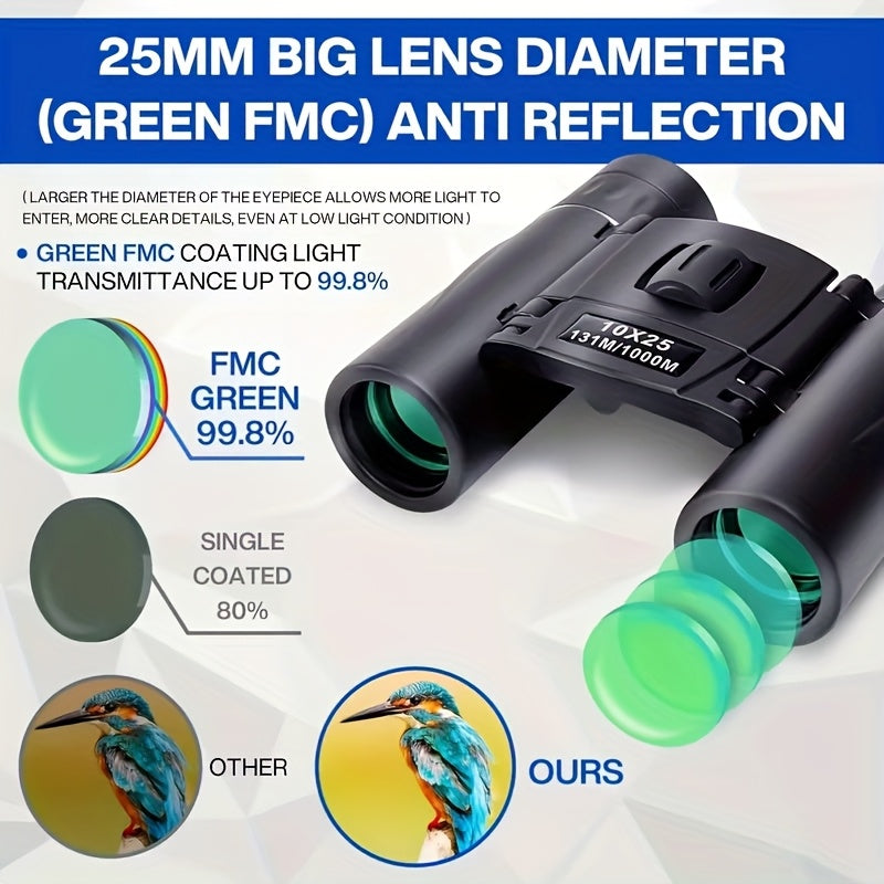 10x25 Mini Pocket Binoculars with Smartphone Adapter – High Power Compact Lightweight Telescope for Bird Watching, Hunting, Hiking, Concerts, Travel, Sports – Small Portable Binoculars for Adults & Kids