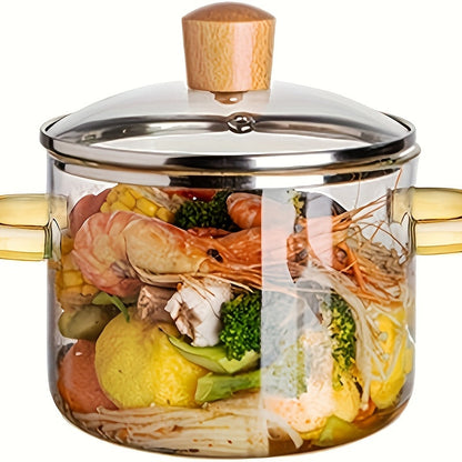 54oz Borosilicate Glass Soup Pot with Handle | Heat Resistant to 752°F | Stovetop & Oven Safe | Transparent Glass Cooker for Soup Congee Ramen Milk | Easy Clean Odorless | Green & Yellow Handle