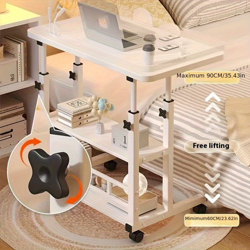 3-Tier Rolling Folding Desk with Wheels Height Adjustable Expandable Desktop Storage Shelf for Laptop Study Home Office Bedroom Living Room Computer Table