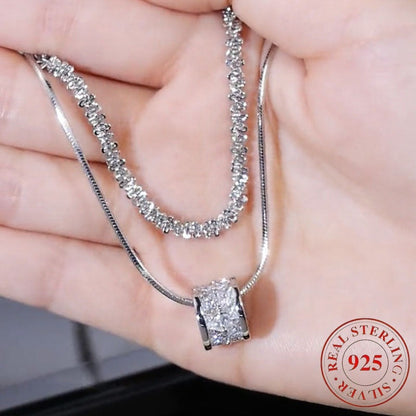 S925 Sterling Silver Double Layer Clavicle Chain Necklace for Women Elegant Cubic Zirconia Sweater Chain Minimalist Fashion Jewelry Daily Wear and Gift All Seasons