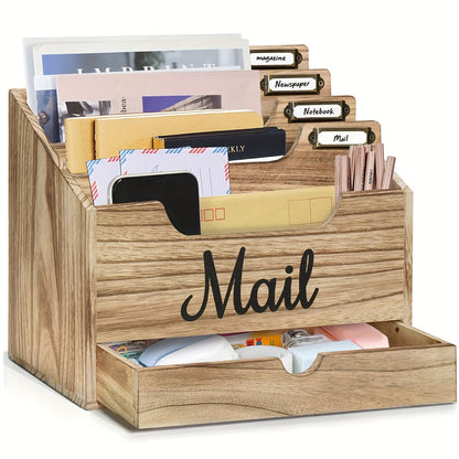 Large Solid Wood Desktop Mail Organizer with Drawer and 4 Compartments Labelable Dividers for Files Letters Paper Folders Desk Organizer for Home Office Students and Professionals