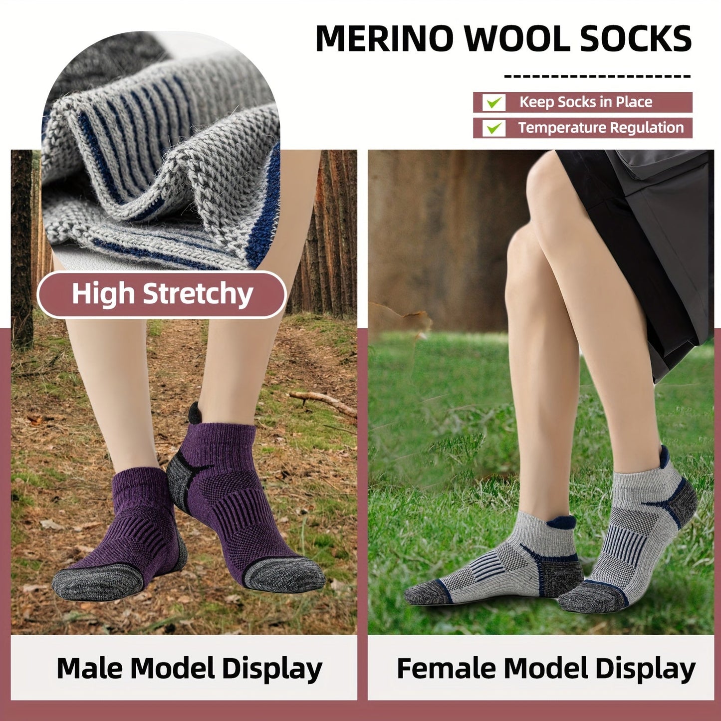 6 Pairs Merino Wool Hiking Socks for Men & Women, Cushioned Ankle Running Work Socks with Compression Support, Sweat-Absorbing Breathable Low Cut Invisible Design – Great Gift Idea