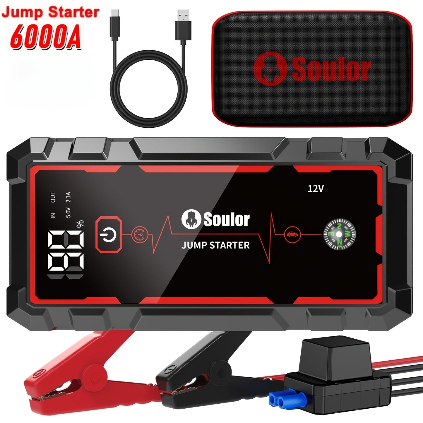 Portable Car Jump Starter 3000A-6000A – 12V Lithium Battery Booster Pack, Dual USB QC 3.0 Fast Charging Power Bank, LED Light & Compass, Fits All Gas Engines