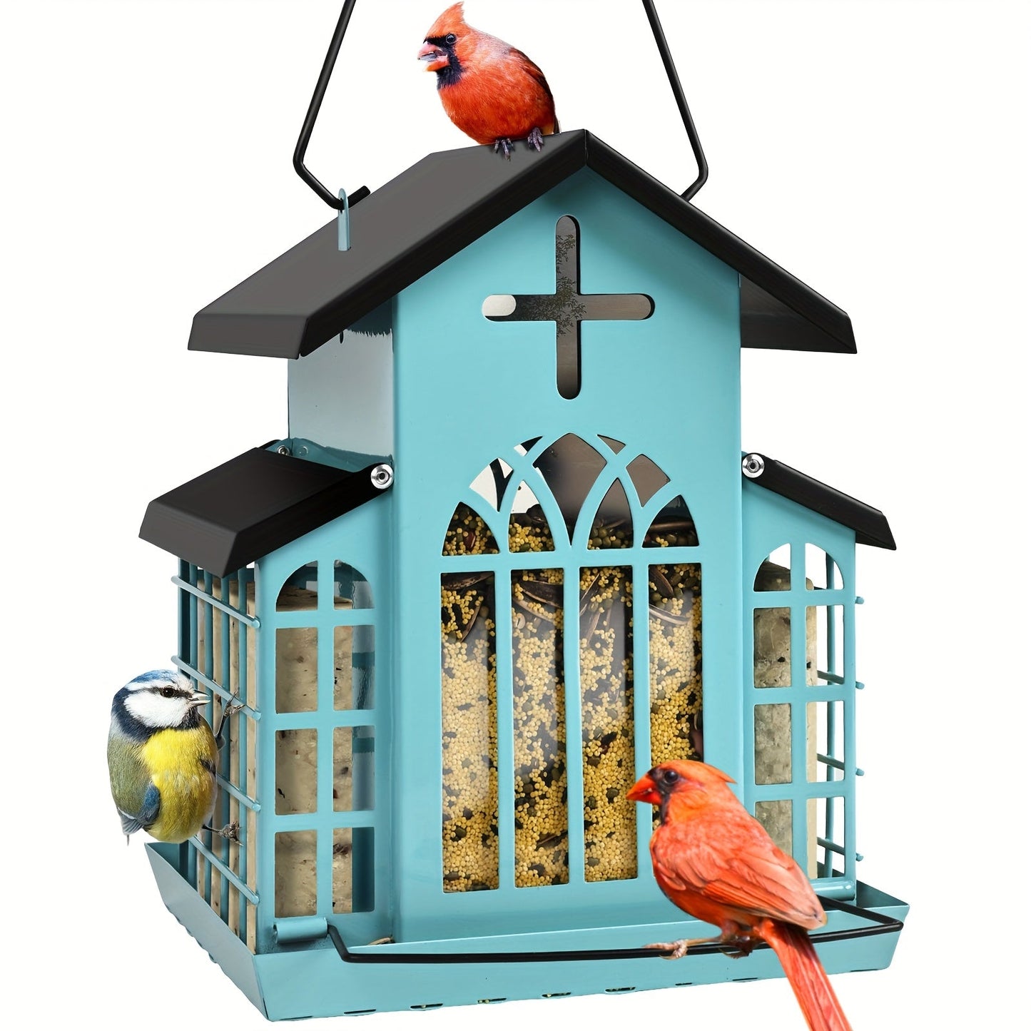 Vintage Metal Wild Bird Feeder for Outside – Triple Feeders for Finch, Cardinal & Chickadee, Large Capacity Metal Mesh Design with Easy-Hang Chains & Window Cut-Outs, 7 Style Options