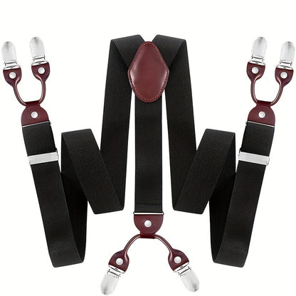 Men's Suspenders Y-Back PU Leather Heavy Duty Suit Brace with 6 Metal Clips – Adjustable Elastic Vintage Style, Black Gray Navy Blue White Coffee Beige Wine Red, Casual & Formal Wear