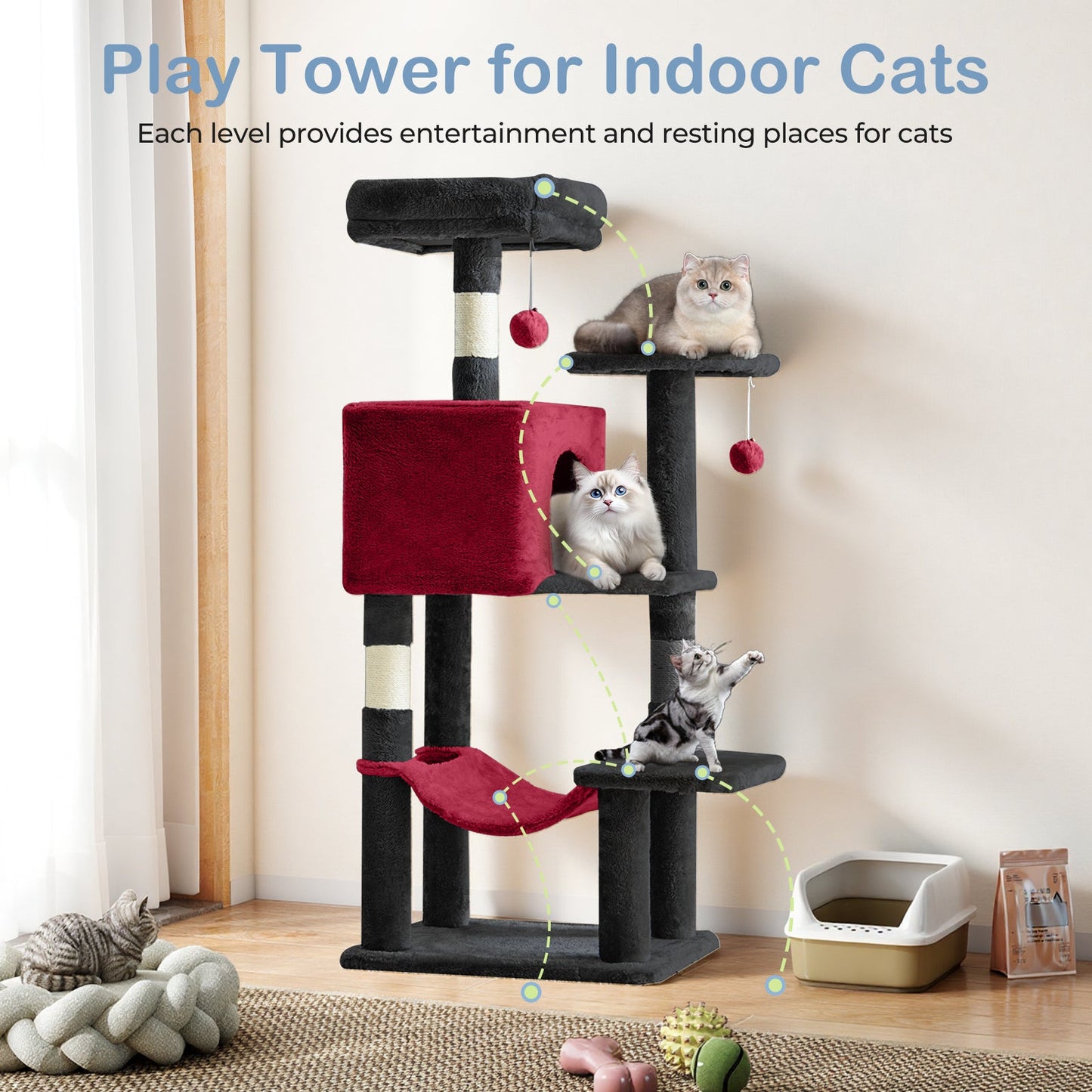 44-Inch Cat Tree Tower for Indoor Cats with Condo, Hammock & Natural Sisal Scratching Posts – Multi-Level Cat Furniture with Perches & Pet House for Multiple Cats, 5 Colors