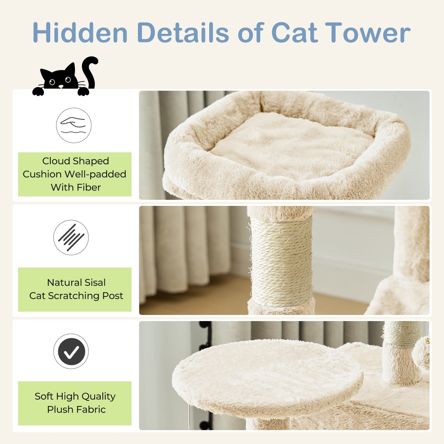 44-Inch Cat Tree Tower for Indoor Cats with Condo, Hammock & Natural Sisal Scratching Posts – Multi-Level Cat Furniture with Perches & Pet House for Multiple Cats, 5 Colors
