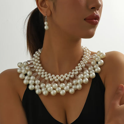 Bohemian Faux Pearl Tassel Necklace and Earrings Set Multi-Layered Handmade Bridal Jewelry Beaded Elegant Wedding Accessories Gift for Her
