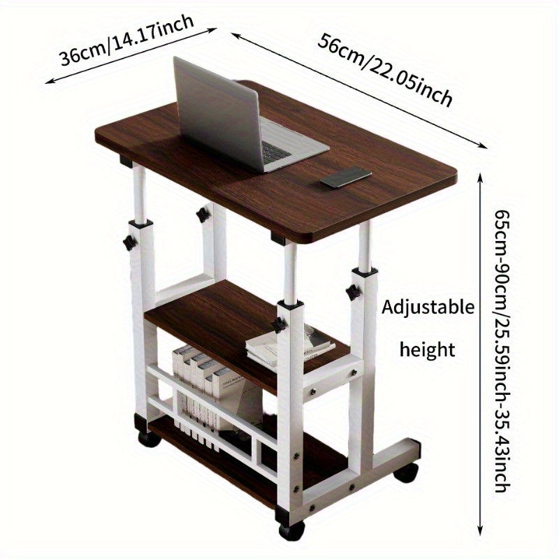 3-Tier Rolling Folding Desk with Wheels Height Adjustable Expandable Desktop Storage Shelf for Laptop Study Home Office Bedroom Living Room Computer Table