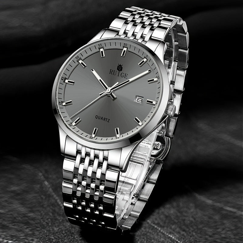RUIGE Men's Luxury Quartz Watch Stainless Steel with Calendar Night Light Rhinestone Accents - Sports Business Dress Watch for Men Gift for Him