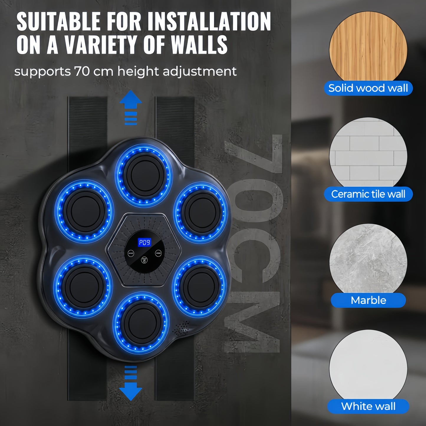 Wall Mounted Music Boxing Machine with LED Lights & Wireless Bluetooth – 9 Speed Levels, 9 Modes, Intelligent Hit Counter, Adjustable Height, No-Drill Install, Home Gym Punching Trainer with Free Boxing Gloves
