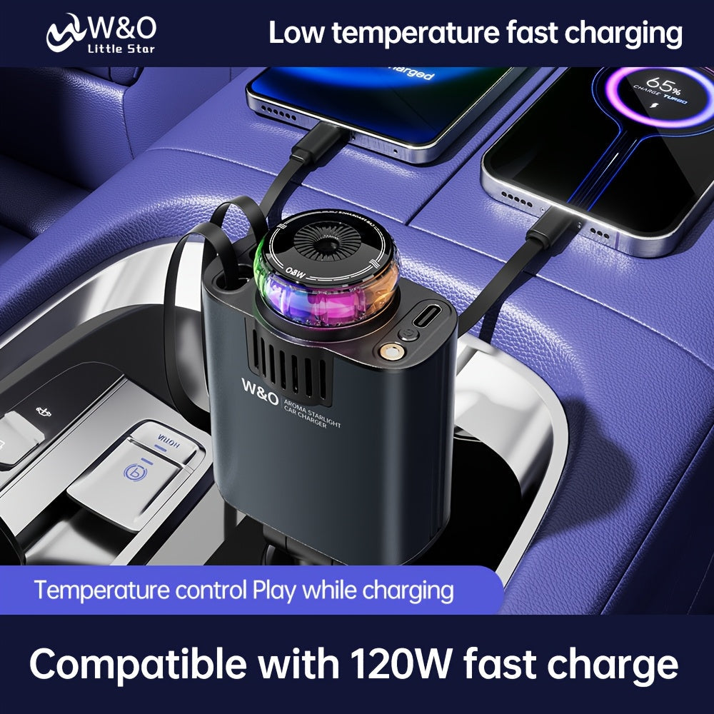 3-in-1 Car Charger Air Freshener & Starry Sky Ceiling Light – Dual Retractable Type-C & Lightning Cable 80cm, Aromatherapy Diffuser for iPhone 16/15 Samsung S25/S24, Car Interior Upgrade Gift