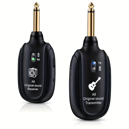 A8 Wireless Guitar System with Built-In Rechargeable Transmitter & Receiver – Stereo Audio, USB Charging, Compatible with Electric Guitar, Bass & Violin, Works with Amplifiers