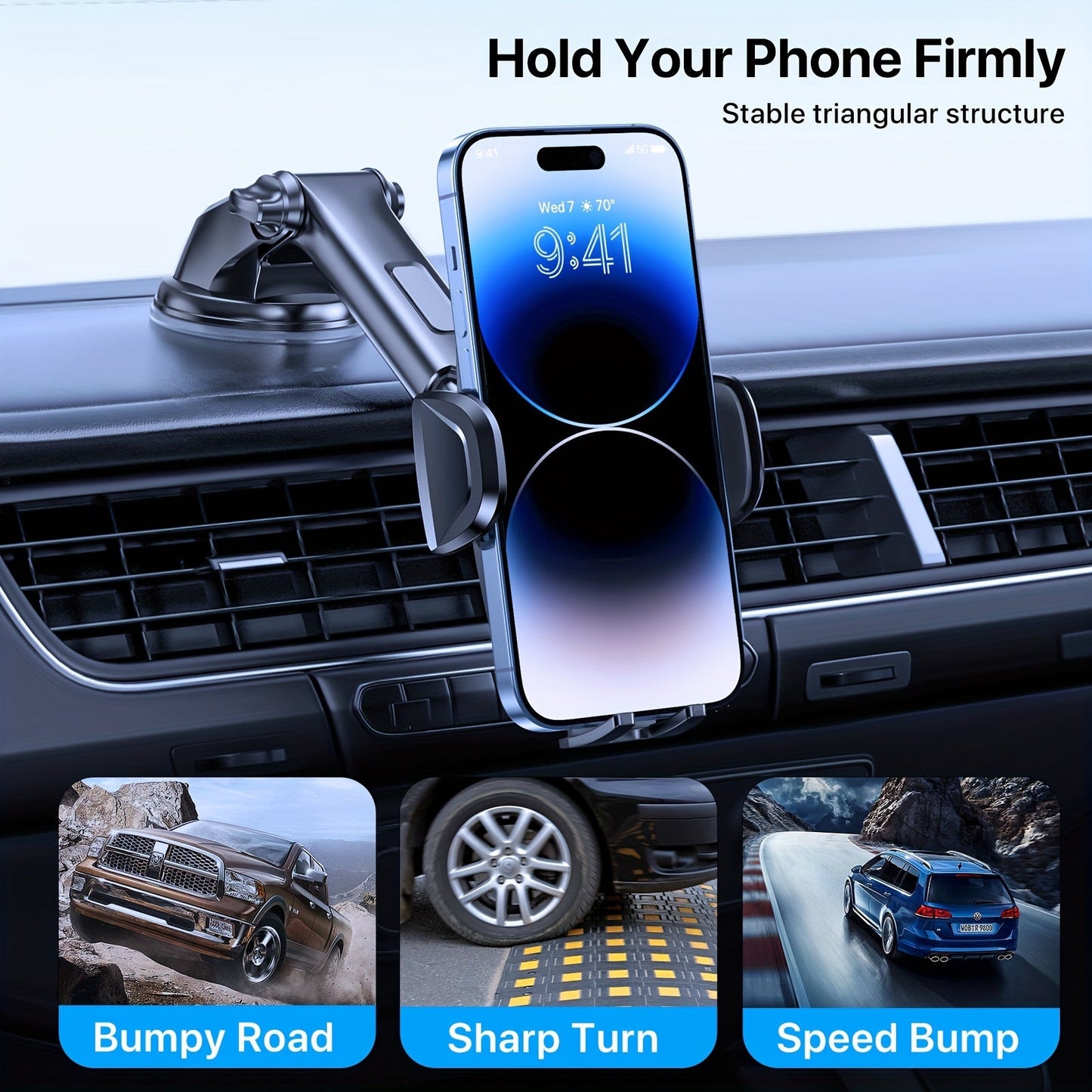 3-in-1 Car Phone Holder Suction Cup & Air Vent Mount | 360° Rotation, 6.5"-8.5" Telescopic Arm, 60LB Nano-Gel Suction, Scratch-Proof – Universal Fit for iPhone, Samsung, Google & All 4"-7.2" Phones