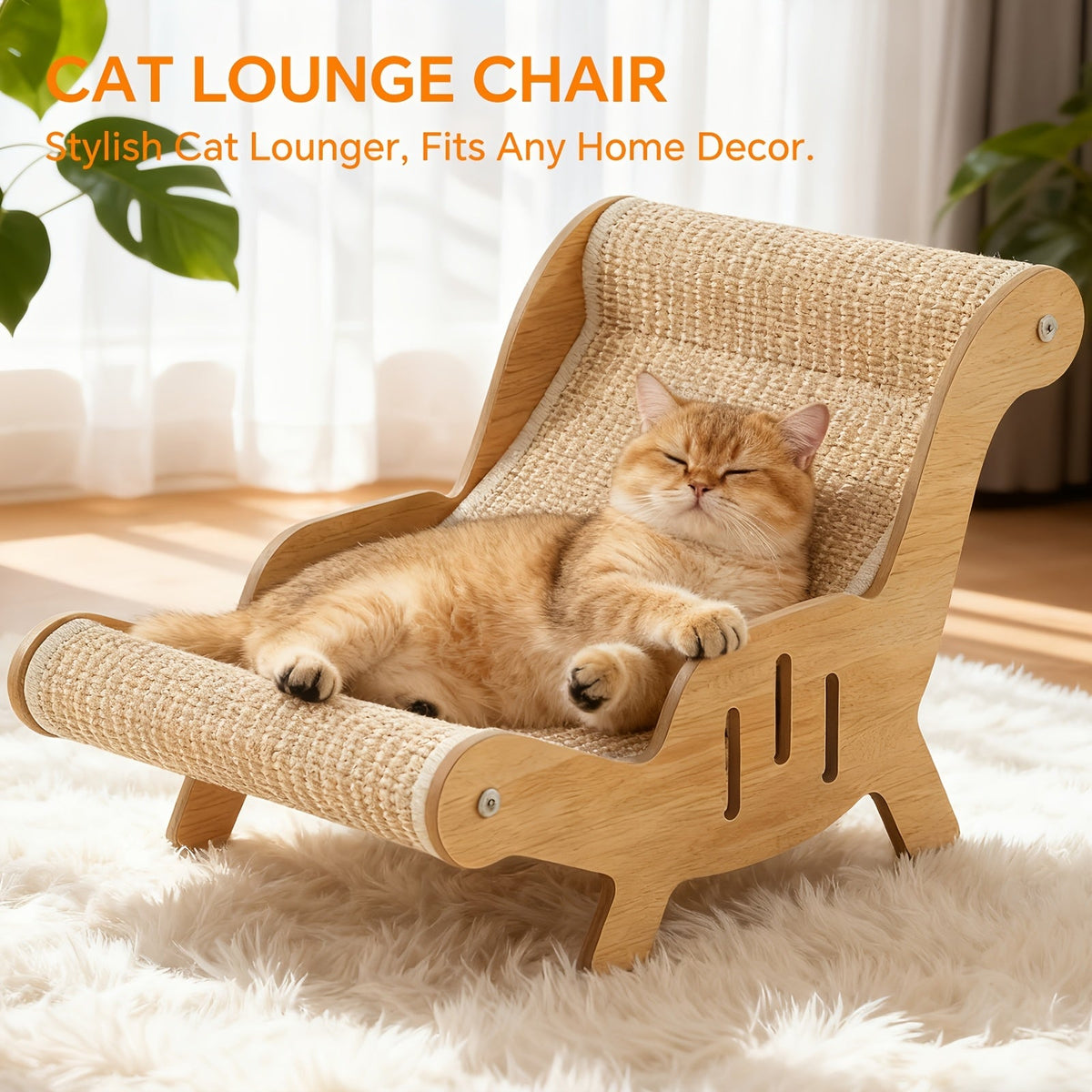 Elevated Cat Lounger Chair with Sisal Scratching Pad – Cat Hammock Bed, Beach Chair Style Indoor Nap Lounge Furniture for Cats, Cozy Elevated Cat Bed