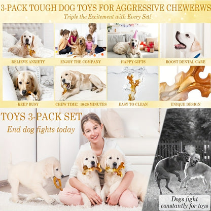 3-Pack Indestructible Nylon Dog Chew Toys for Aggressive Chewers – Tough Durable Chew Set for Large Breed Dogs, Stripe Pattern Design, Heavy-Duty Teething & Dental Chew Toys
