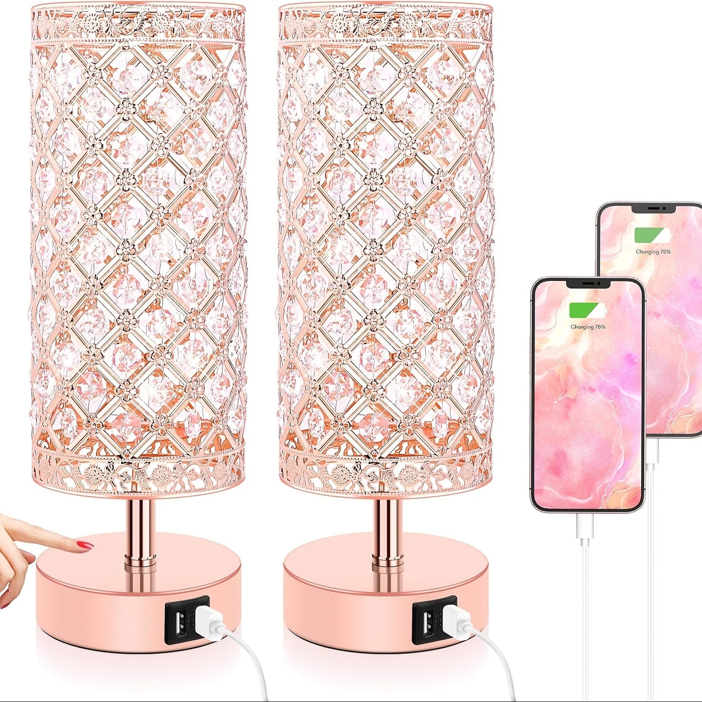 Crystal Touch Table Lamp 3-Way Dimmable with 2 USB Charging Ports LED Bulb Included Decorative Bedside Nightstand Light for Bedroom Living Room Office – Antique Bronze Rose Gold Silver