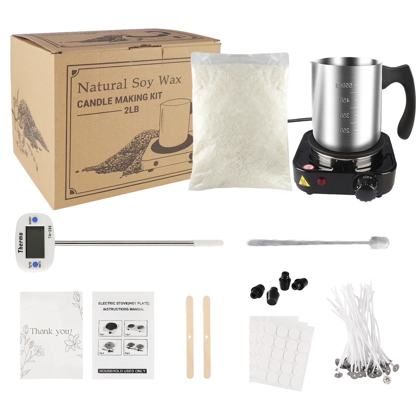 Soy Wax Candle Making Kit for Beginners – Complete DIY Set with Electric Heating Furnace, 2LB Soy Wax, 50 Wicks, Stainless Steel Pouring Pot, Digital Thermometer, Wick Holders & Spoon, Perfect Craft Gift