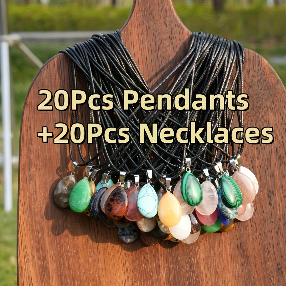 40pcs Natural Crystal Teardrop Pendant Necklace Set – Multi-Color Stone Pendants with Faux Leather Cord, Boho Elegant Jewelry Bulk Pack for Holiday Party DIY Crafts Gift