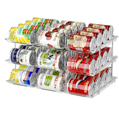 Pantry Can Organizer Rack 3-Tier Stackable – Holds 36 Cans, Auto-Rolling Transparent PET Can Storage Rack for Kitchen Pantry, Garage, Dorm & Closet, Tool-Free Assembly, Fits Soda Soup Vegetable Cans