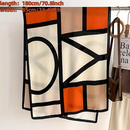 Women's Color Block Viscose Scarf & Shawl – Soft Breathable Geometric Print Windproof Sun Protection Wrap for Casual Outings Travel, Lightweight Hand-Wash Easy Care, Beige Khaki Orange