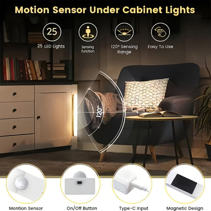LED Motion Sensor Dimmable Cabinet Light USB-C Rechargeable – Adjustable Color Temperature White & Warm, 3 Modes, Magnetic Mount for Kitchen, Closet, Bedroom, Stairs & Office, 10/20/30cm