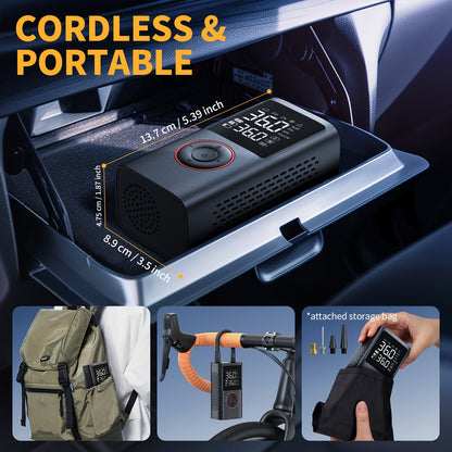 Cordless Tire Inflator 150PSI | 3X Fast Inflation, 3500mAh USB Rechargeable, Digital Gauge, LED Light & Auto Shut-Off – Portable Air Compressor for Cars, SUVs, Bikes, Motorcycles & Sports Balls