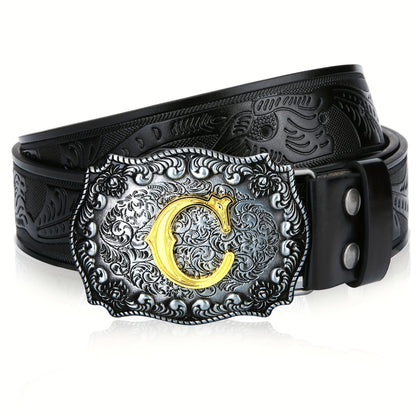 Western Cowboy Belt for Men & Women Embossed Floral Faux Leather – Longhorn Bull Pattern Big Buckle Zinc Alloy, Sizes 34-44, Stylish Durable Country Western Dress Belt Gift for Christmas Father's Day