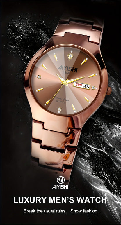 Men's Luxury Quartz Wristwatch with Double Calendar and Luminous Hands – Elegant Business Stainless Steel Watch for Men, Classic Gold Black White Dial, Perfect Gift for Him Birthday Anniversary